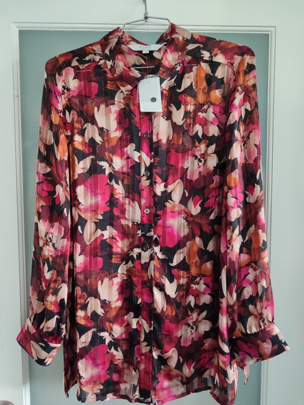 NWT Cleo Petite Satin Stripe Cherry Floral Blouse size SP